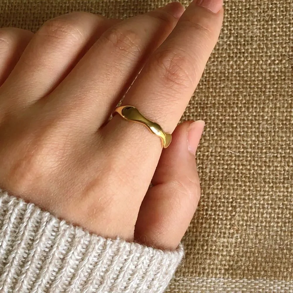 18K Thick Gold Plated Organic Hand Finished Edge Oceanic Wave Ring